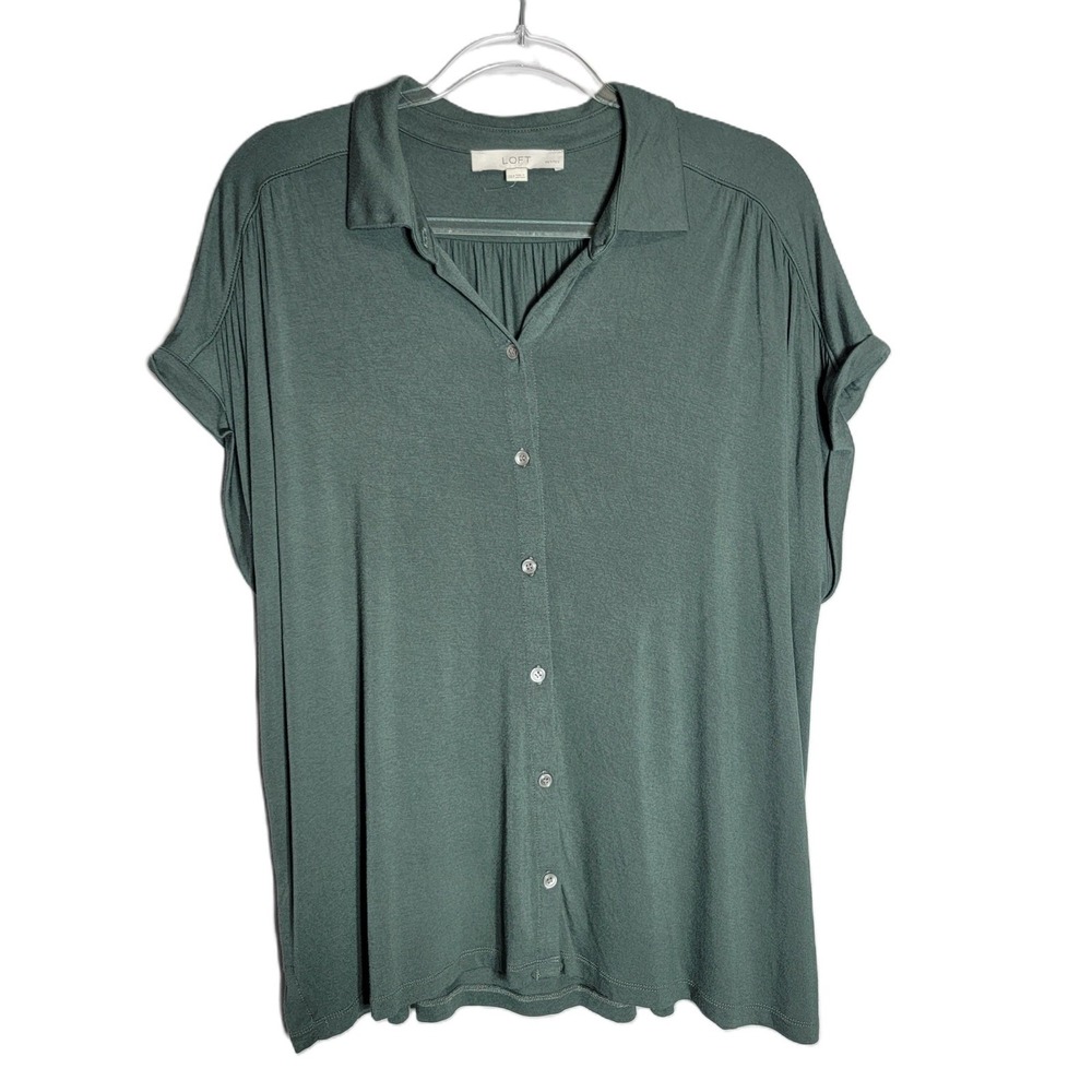 LOFT Women's Soft Top XXL Petite Green Collared Short Sleeve Button Up Shirt‎